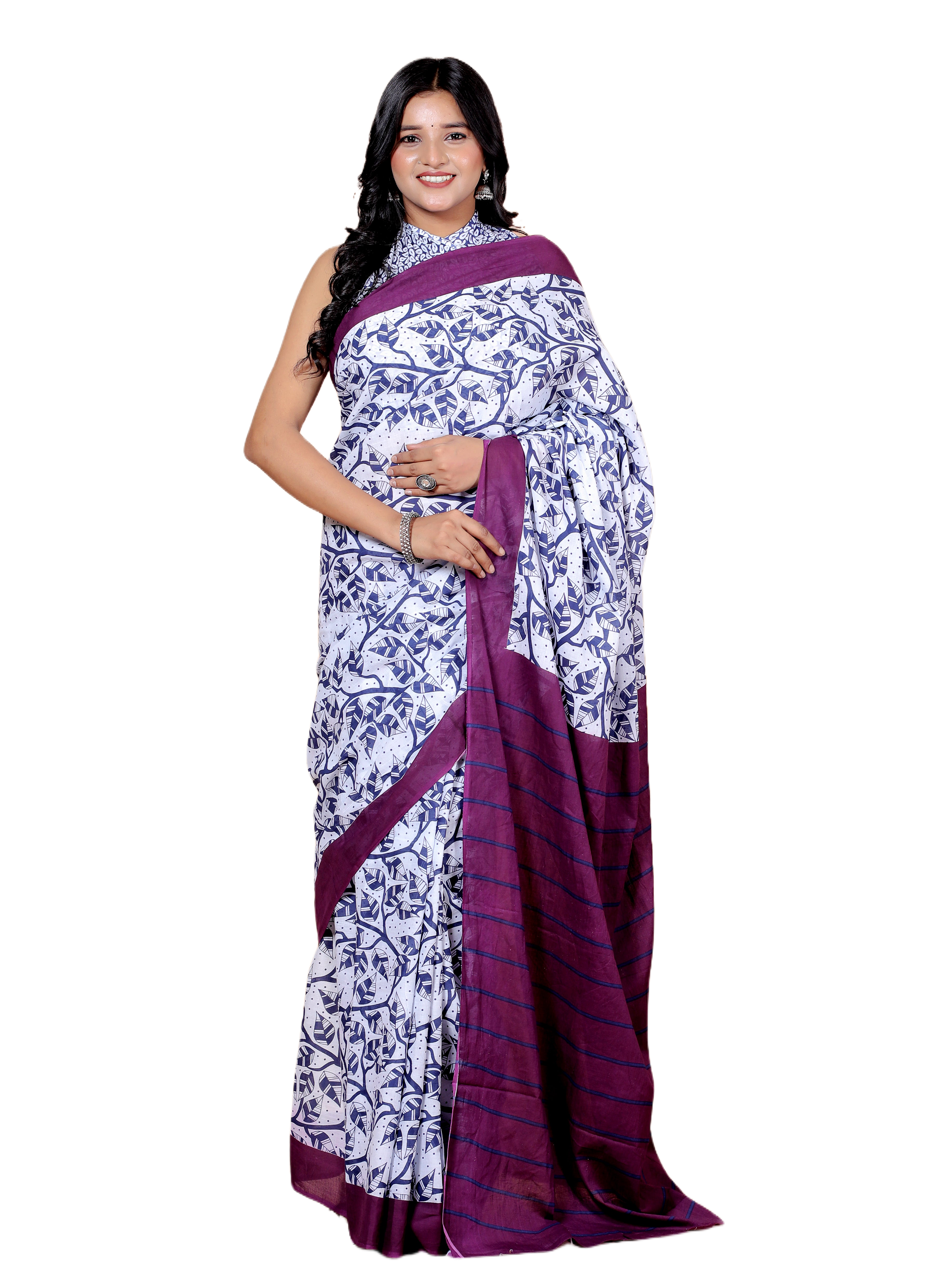 Blue and Purple Printed Saree with Border view 4